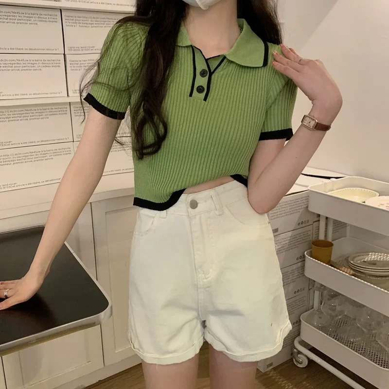 Contrast Color Polo Collar Shoulder Knitted Short Sleeves T-shirt Women's Summer Slim-Fitting Design Sense Niche Short Tops