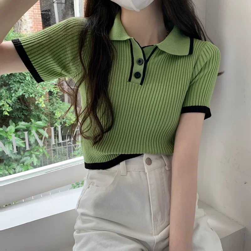 Contrast Color Polo Collar Shoulder Knitted Short Sleeves T-shirt Women's Summer Slim-Fitting Design Sense Niche Short Tops