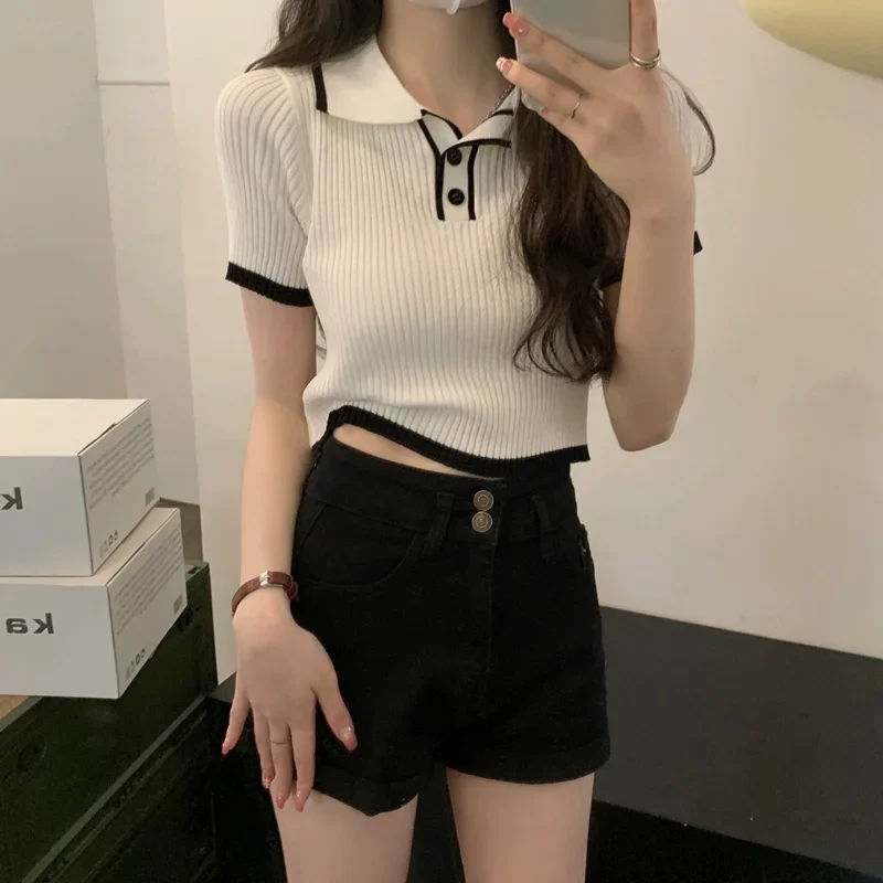 Contrast Color Polo Collar Shoulder Knitted Short Sleeves T-shirt Women's Summer Slim-Fitting Design Sense Niche Short Tops