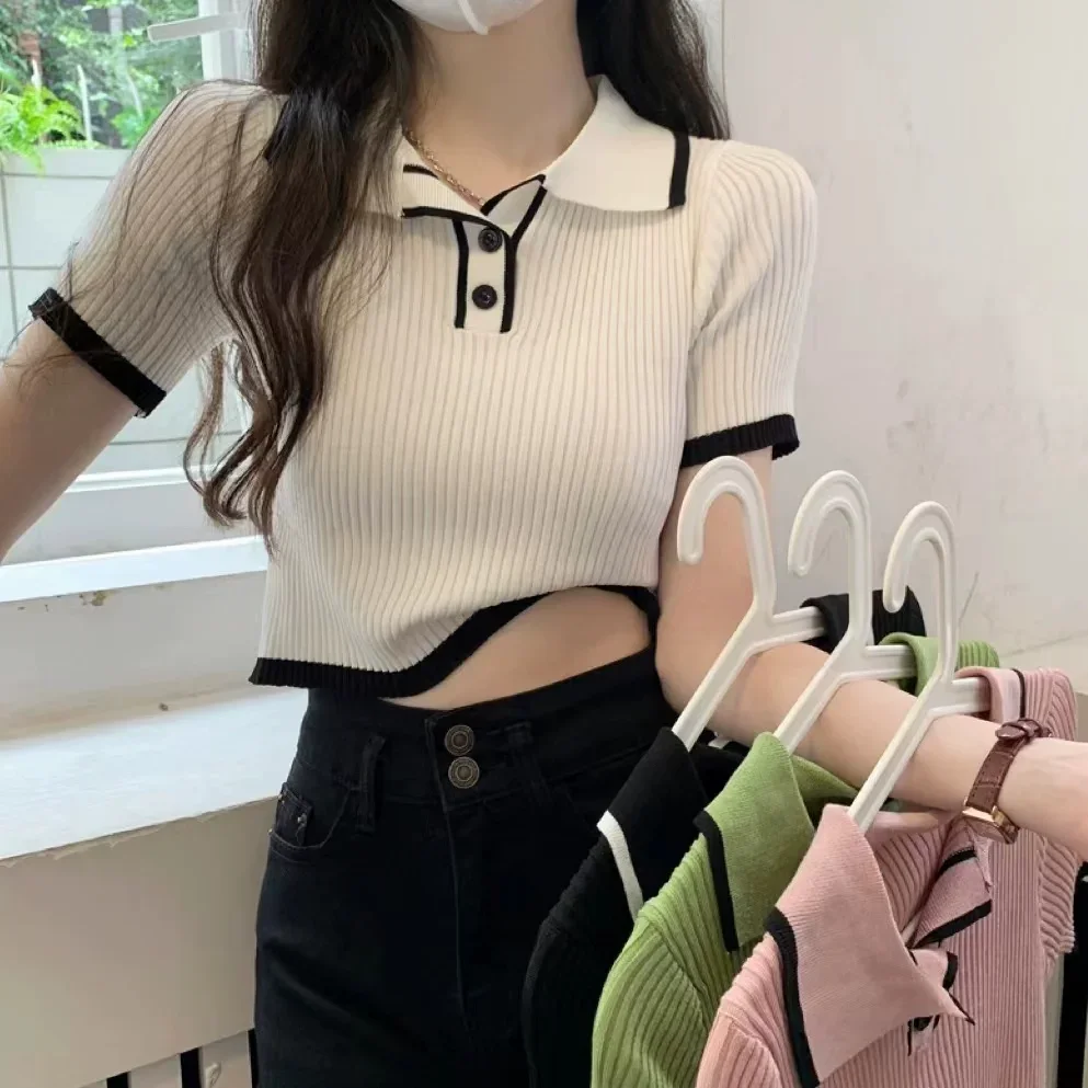 Contrast Color Polo Collar Shoulder Knitted Short Sleeves T-shirt Women's Summer Slim-Fitting Design Sense Niche Short Tops