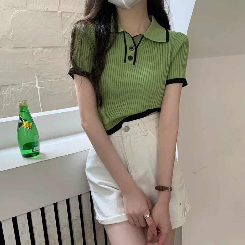 Contrast Color Polo Collar Shoulder Knitted Short Sleeves T-shirt Women's Summer Slim-Fitting Design Sense Niche Short Tops