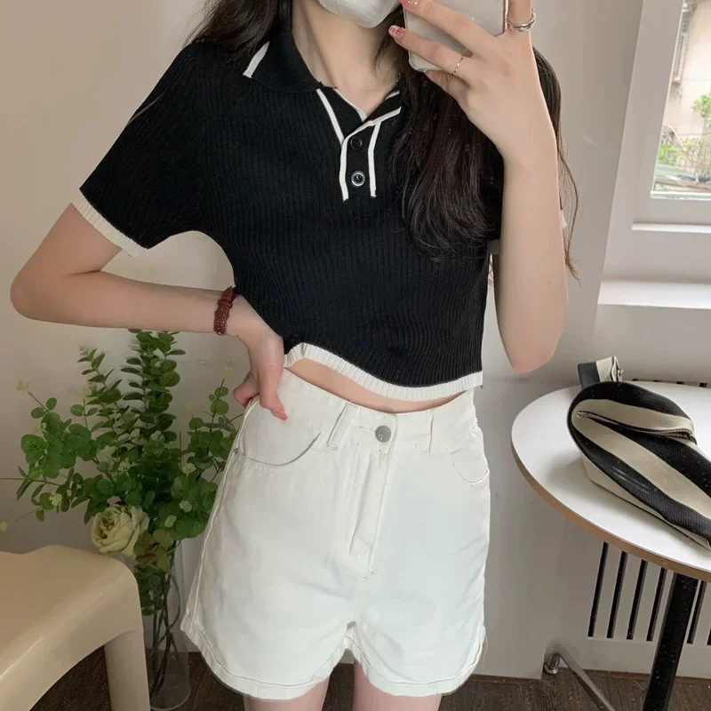 Contrast Color Polo Collar Shoulder Knitted Short Sleeves T-shirt Women's Summer Slim-Fitting Design Sense Niche Short Tops