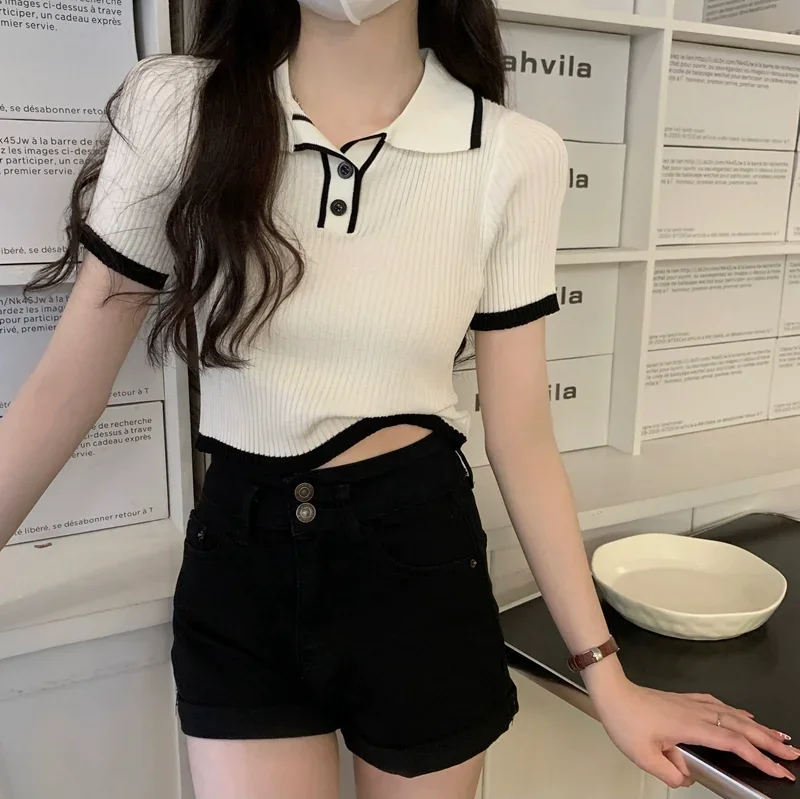 Contrast Color Polo Collar Shoulder Knitted Short Sleeves T-shirt Women's Summer Slim-Fitting Design Sense Niche Short Tops