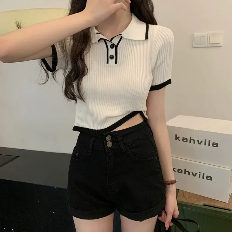 Contrast Color Polo Collar Shoulder Knitted Short Sleeves T-shirt Women's Summer Slim-Fitting Design Sense Niche Short Tops