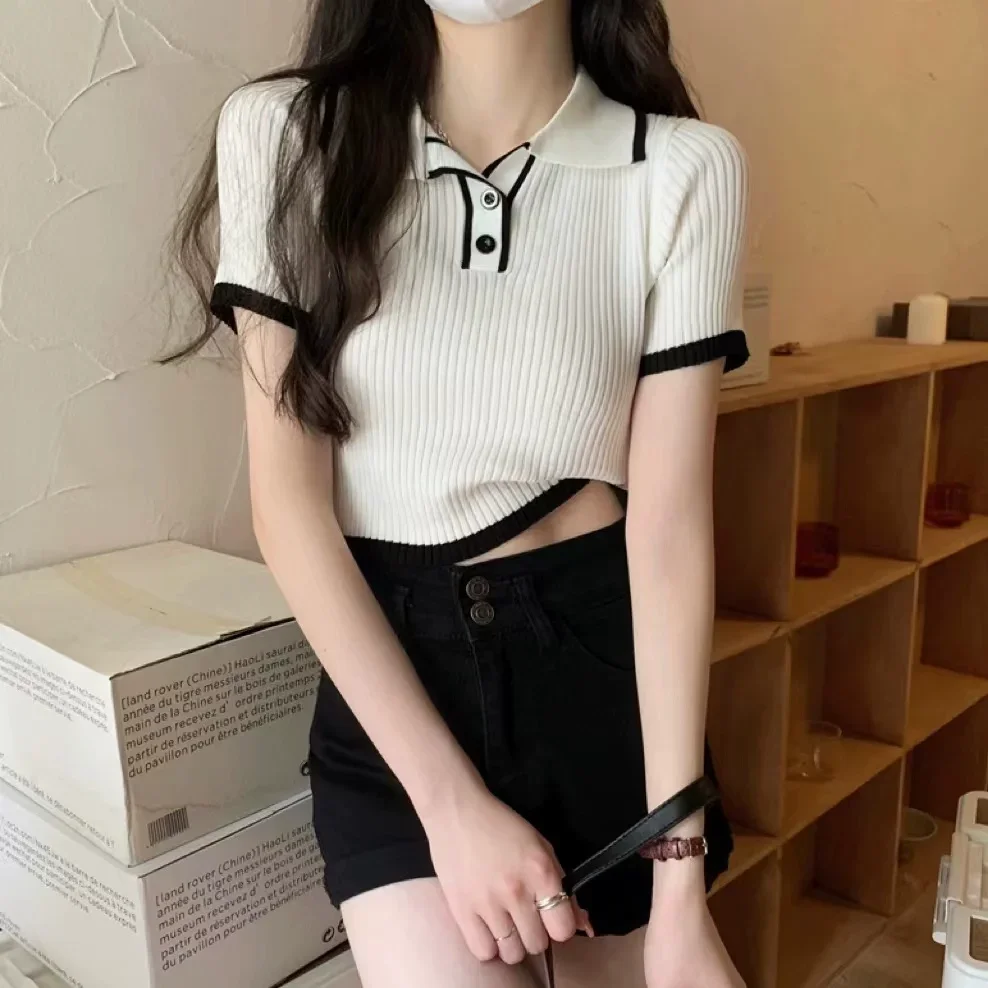 Contrast Color Polo Collar Shoulder Knitted Short Sleeves T-shirt Women's Summer Slim-Fitting Design Sense Niche Short Tops