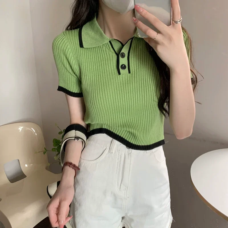 Contrast Color Polo Collar Shoulder Knitted Short Sleeves T-shirt Women's Summer Slim-Fitting Design Sense Niche Short Tops