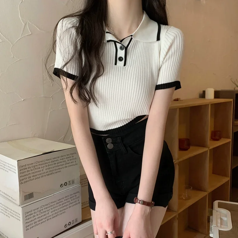 Contrast Color Polo Collar Shoulder Knitted Short Sleeves T-shirt Women's Summer Slim-Fitting Design Sense Niche Short Tops