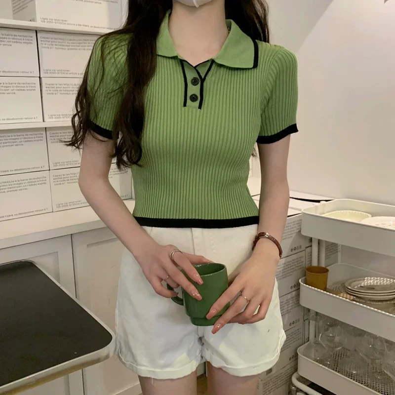Contrast Color Polo Collar Shoulder Knitted Short Sleeves T-shirt Women's Summer Slim-Fitting Design Sense Niche Short Tops