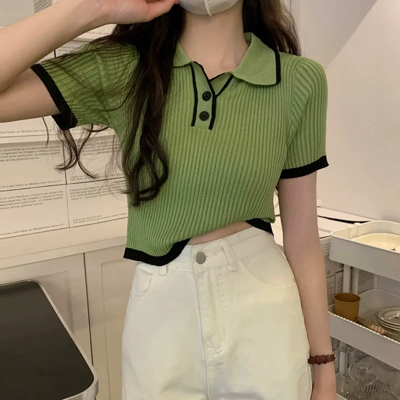 Contrast Color Polo Collar Shoulder Knitted Short Sleeves T-shirt Women's Summer Slim-Fitting Design Sense Niche Short Tops