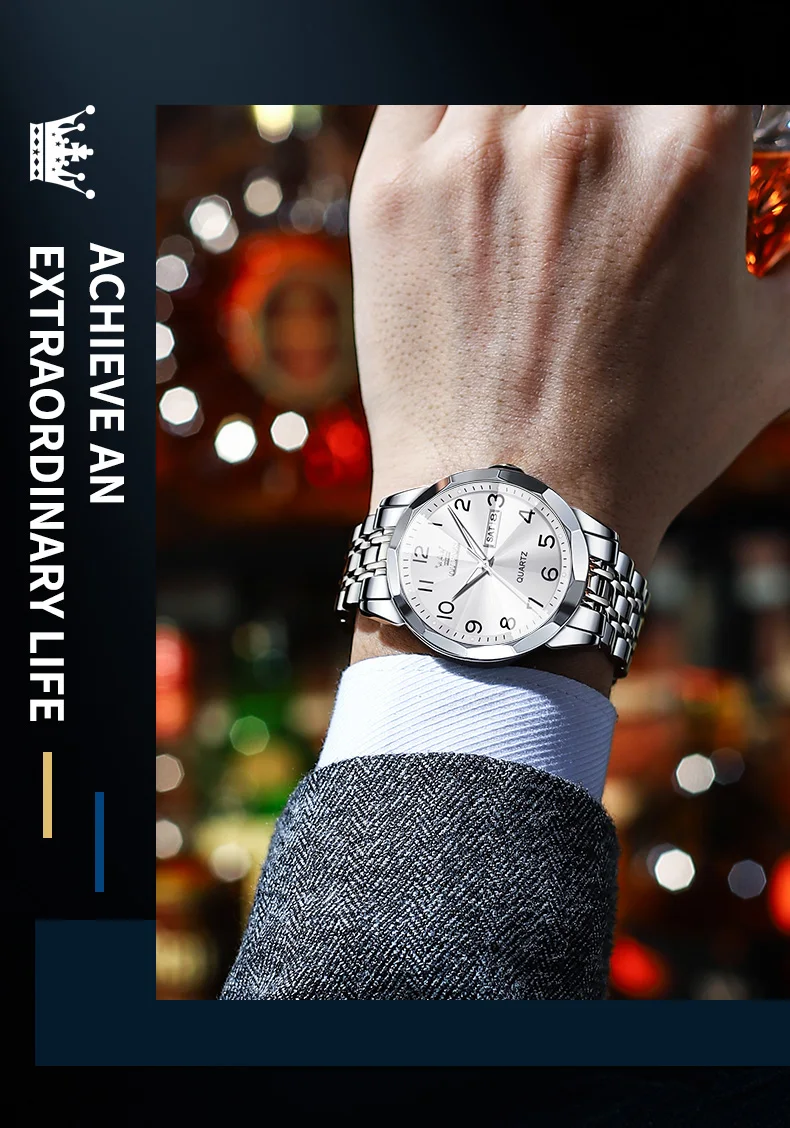 OLEVS Original Luxury Brand Watch for Men Waterproof Silver Stainless Steel Classic Casual Quartz Wristwatch Date Week Man Gift