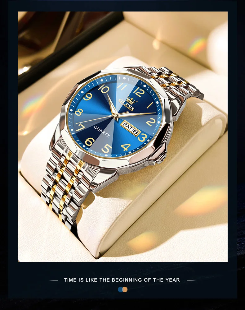 OLEVS Original Luxury Brand Watch for Men Waterproof Silver Stainless Steel Classic Casual Quartz Wristwatch Date Week Man Gift