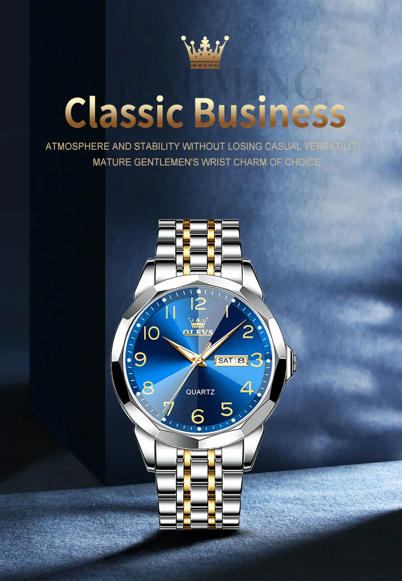 OLEVS Original Luxury Brand Watch for Men Waterproof Silver Stainless Steel Classic Casual Quartz Wristwatch Date Week Man Gift