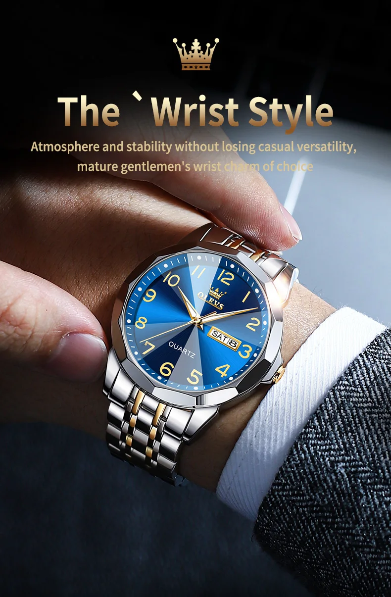 OLEVS Original Luxury Brand Watch for Men Waterproof Silver Stainless Steel Classic Casual Quartz Wristwatch Date Week Man Gift