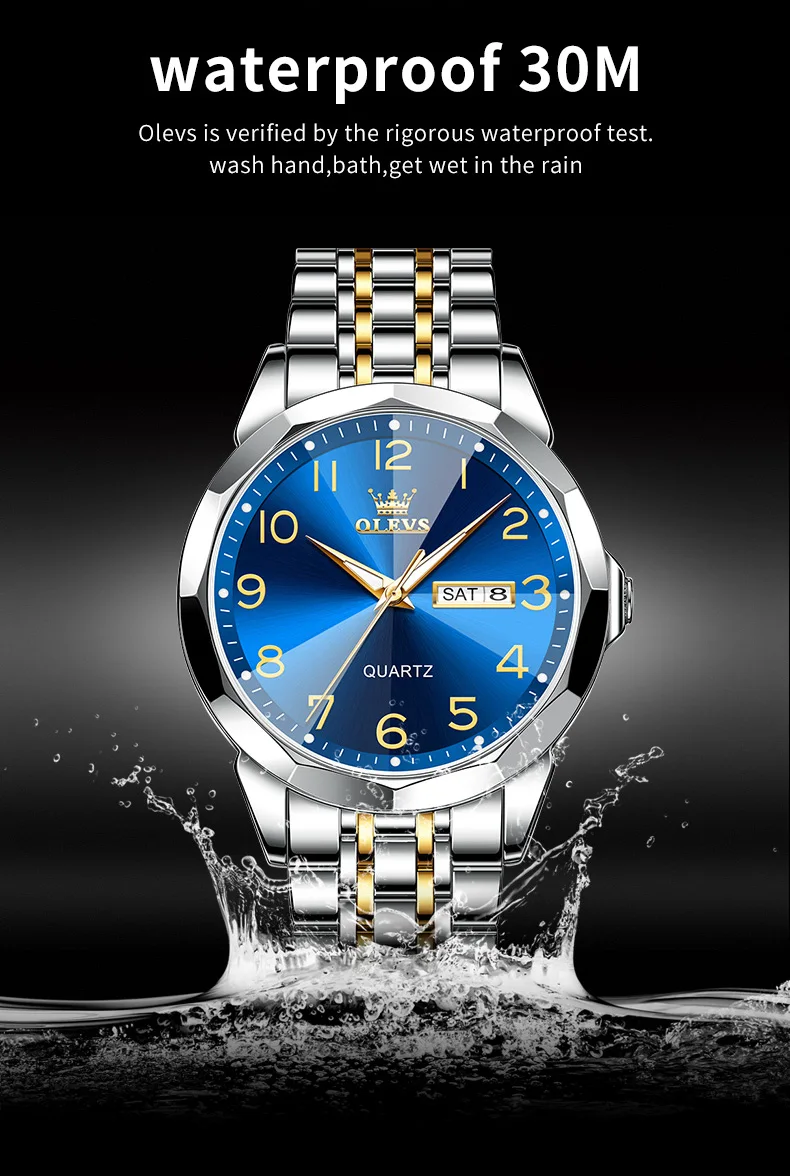 OLEVS Original Luxury Brand Watch for Men Waterproof Silver Stainless Steel Classic Casual Quartz Wristwatch Date Week Man Gift