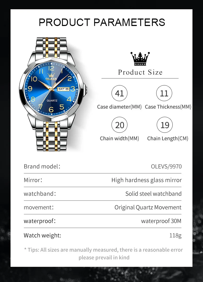OLEVS Original Luxury Brand Watch for Men Waterproof Silver Stainless Steel Classic Casual Quartz Wristwatch Date Week Man Gift