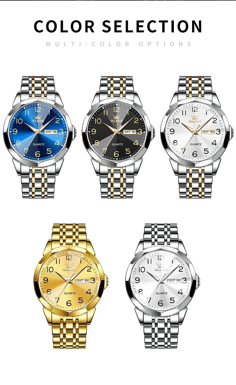 OLEVS Original Luxury Brand Watch for Men Waterproof Silver Stainless Steel Classic Casual Quartz Wristwatch Date Week Man Gift