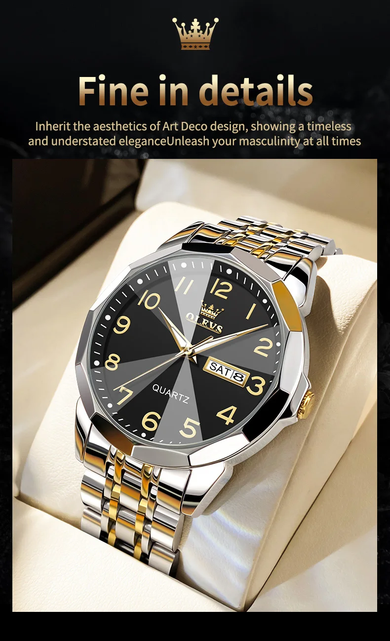 OLEVS Original Luxury Brand Watch for Men Waterproof Silver Stainless Steel Classic Casual Quartz Wristwatch Date Week Man Gift