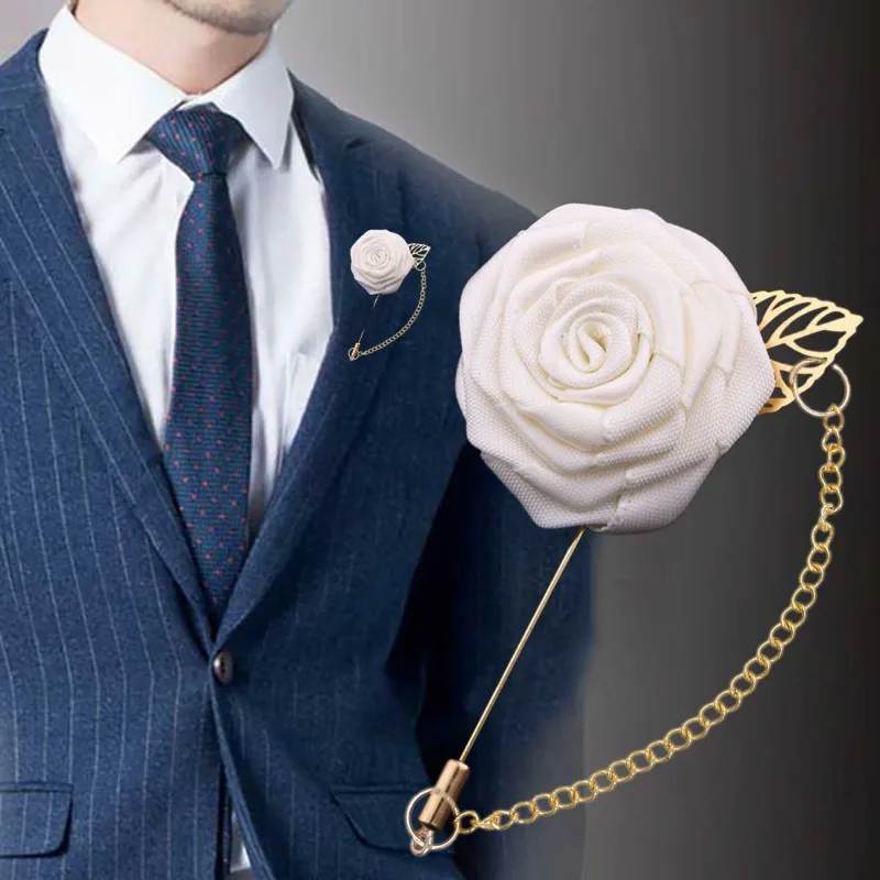 Silk Rose Gentleman's Premium Handmade Flower Lapel Pin Boutonniere Flower Boutonniere Pins for Men Wedding Groom Ball Party