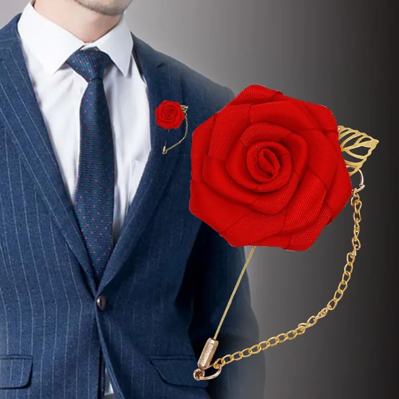 Silk Rose Gentleman's Premium Handmade Flower Lapel Pin Boutonniere Flower Boutonniere Pins for Men Wedding Groom Ball Party
