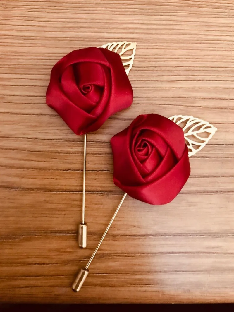 Silk Rose Gentleman's Premium Handmade Flower Lapel Pin Boutonniere Flower Boutonniere Pins for Men Wedding Groom Ball Party