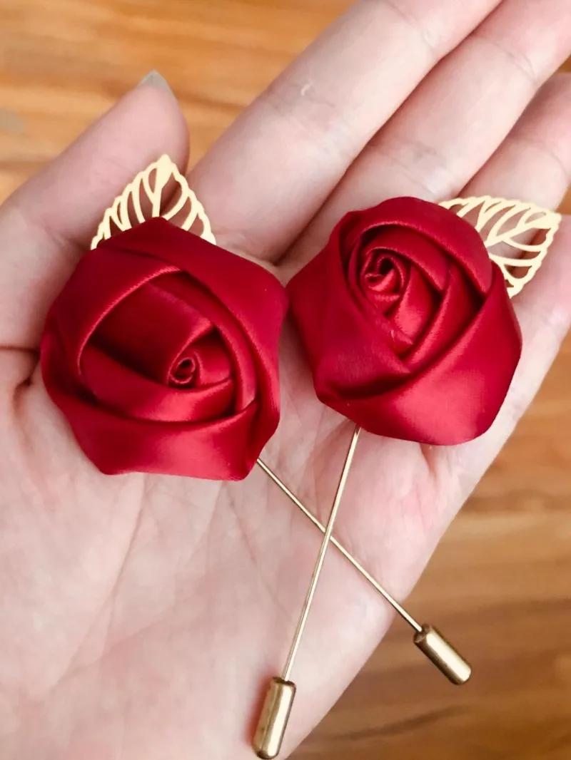 Silk Rose Gentleman's Premium Handmade Flower Lapel Pin Boutonniere Flower Boutonniere Pins for Men Wedding Groom Ball Party