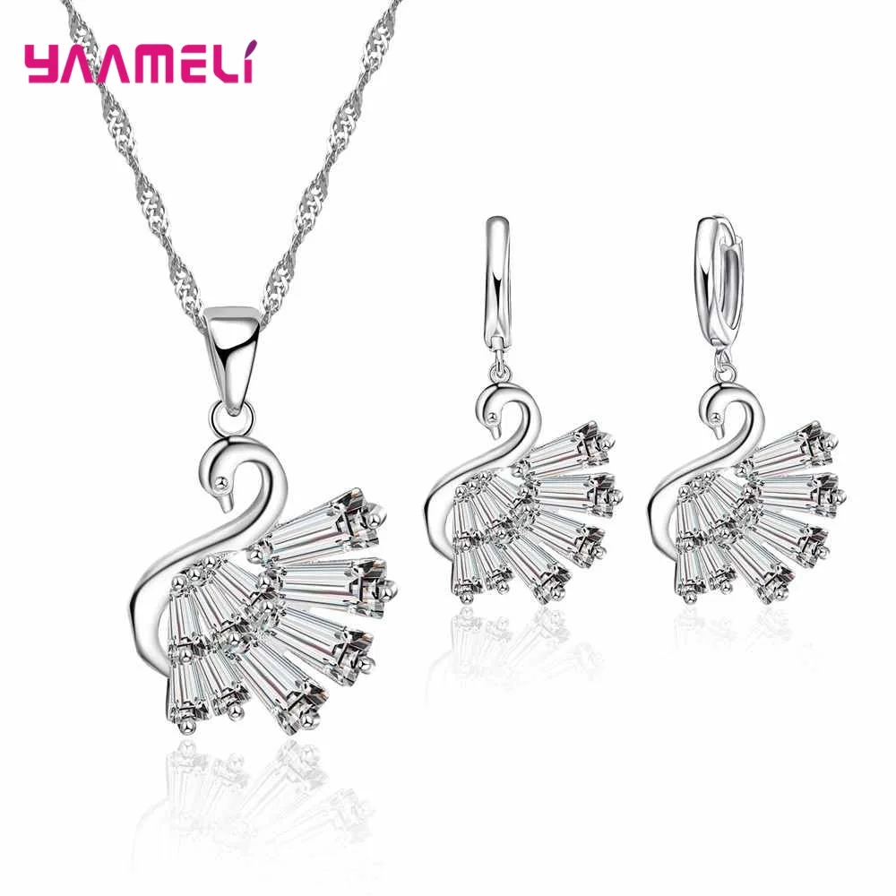 Real Sterling Silver 925 Luxury Jewelry Sets Shining Clear Cubic Zircon Flower Pendant Necklace Earrings Chain Party Accessories