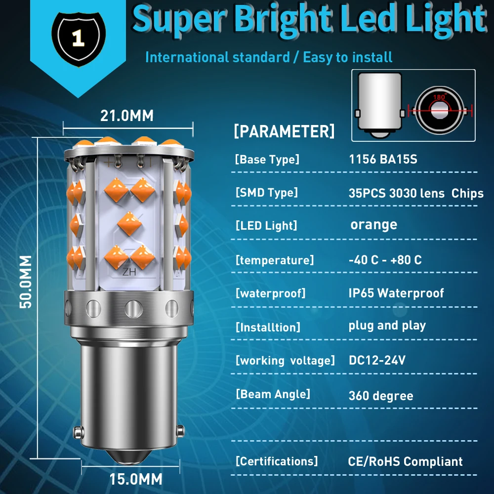 A Pack 1156 P21W Ba15s Bau15s PY21W 7507 LED Canbus No Hyper Flash Turn Signal Light Bulb Built-in Resistor Error Free Orange