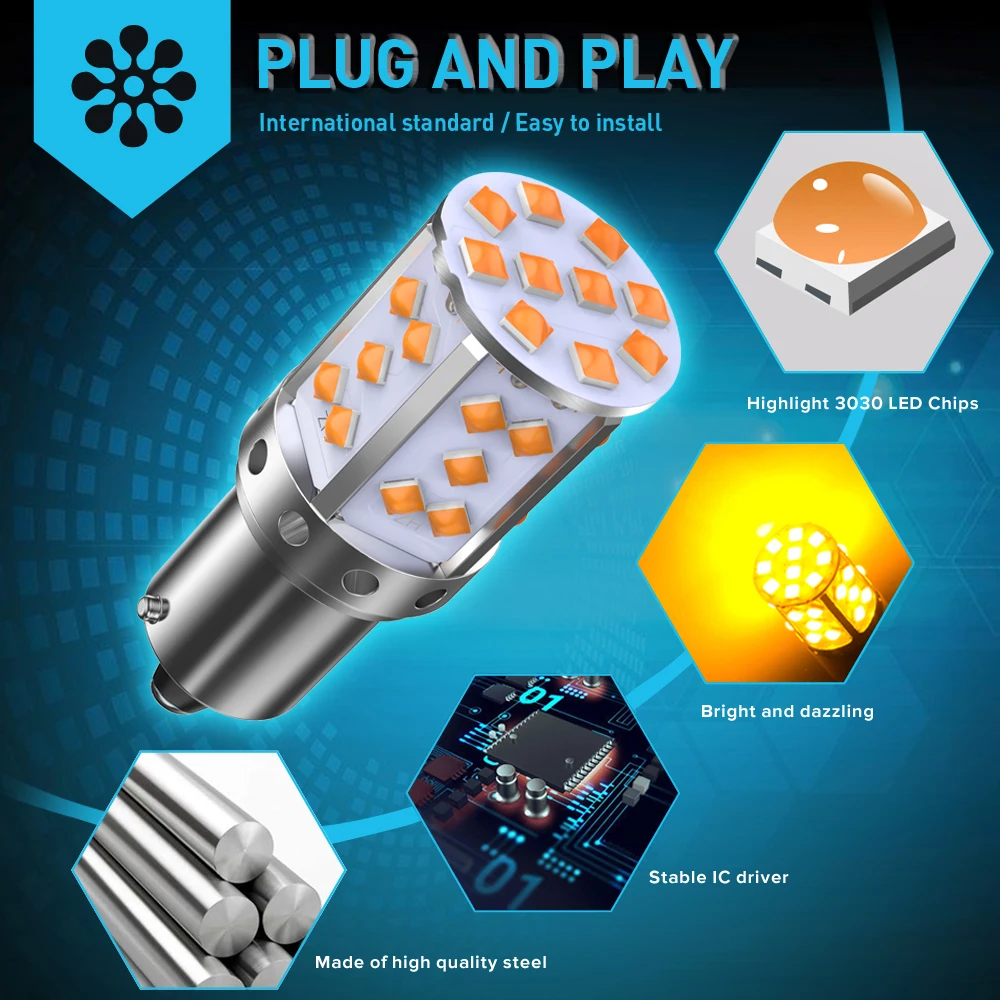 A Pack 1156 P21W Ba15s Bau15s PY21W 7507 LED Canbus No Hyper Flash Turn Signal Light Bulb Built-in Resistor Error Free Orange