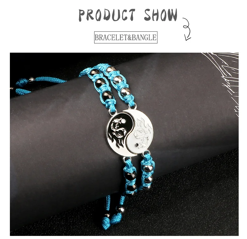 2Pcs/set Dragon Tai Chi Gossip Braided Bracelet for Women Men Best Friends Adjustable Yin Yang Bracelets Fashion Couple Jewelry