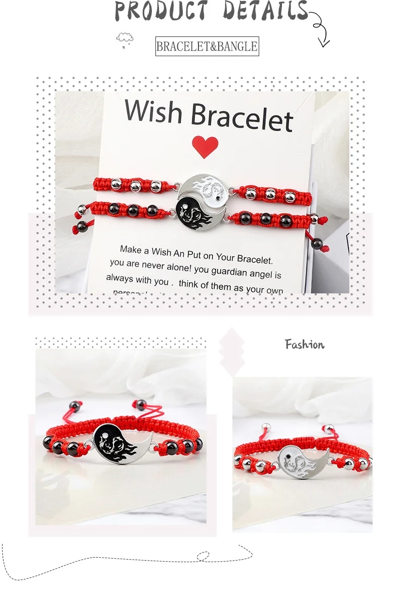 2Pcs/set Dragon Tai Chi Gossip Braided Bracelet for Women Men Best Friends Adjustable Yin Yang Bracelets Fashion Couple Jewelry