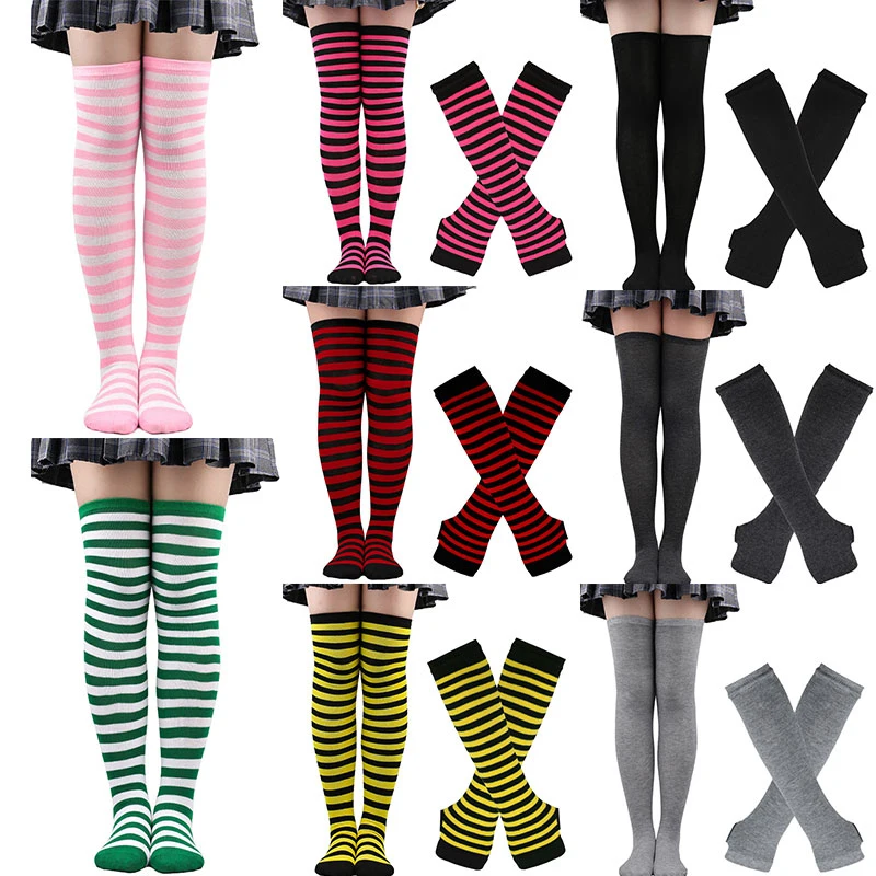 Women Girls Over Knee Long Stripe Printed Thigh High Striped Cotton Socks Gloves Sweet Cute Plus Size Overknee Socks Long Gloves