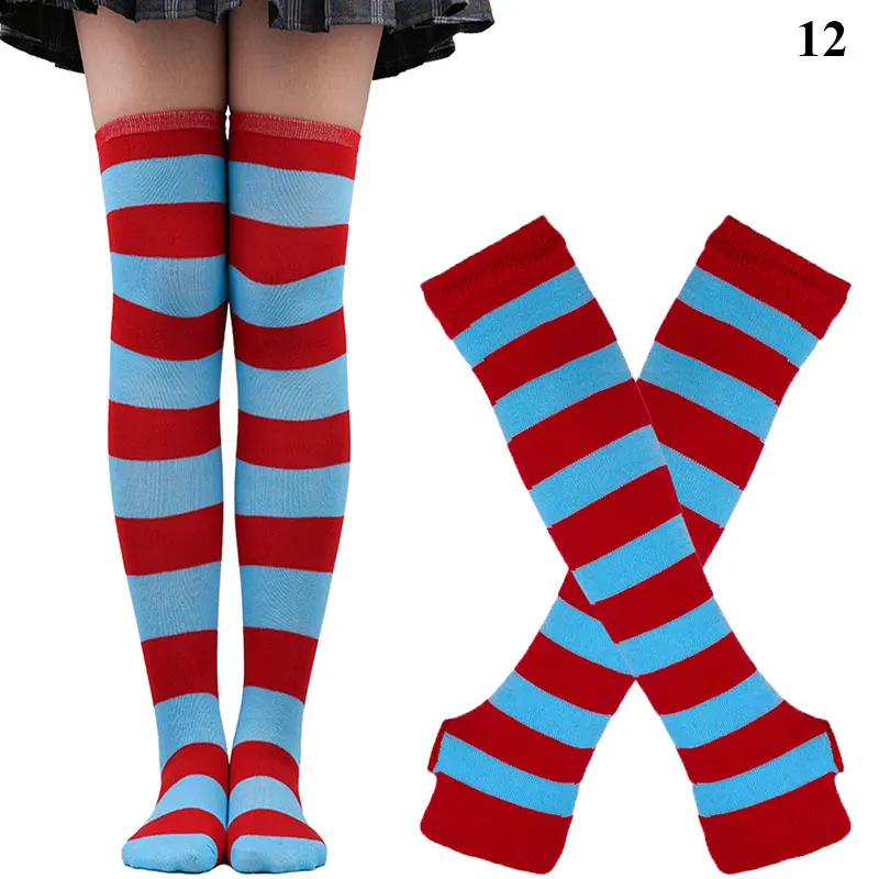 Women Girls Over Knee Long Stripe Printed Thigh High Striped Cotton Socks Gloves Sweet Cute Plus Size Overknee Socks Long Gloves