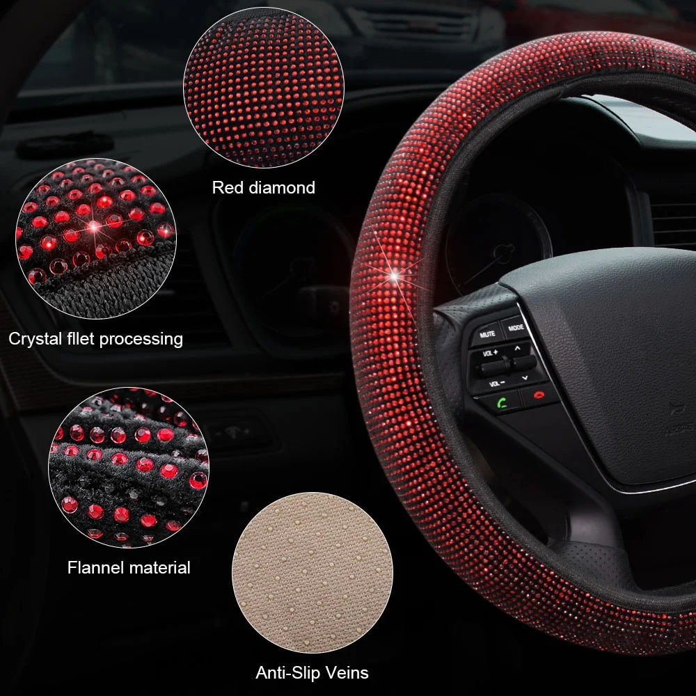 38cm Universal Car SUV Breathable Anti-Slip Bling Rhinestones Steering Wheel Cover for Women Girl with Crystal Diamond Sparkling