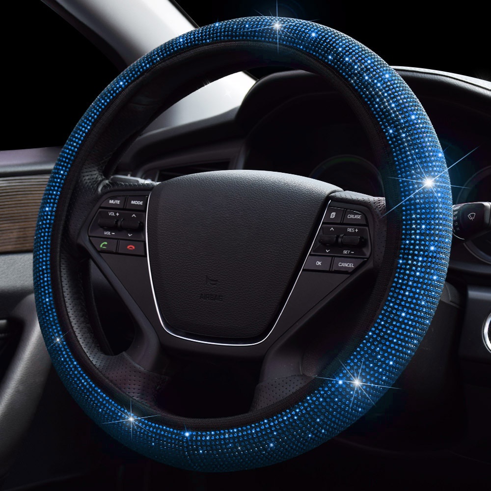 38cm Universal Car SUV Breathable Anti-Slip Bling Rhinestones Steering Wheel Cover for Women Girl with Crystal Diamond Sparkling