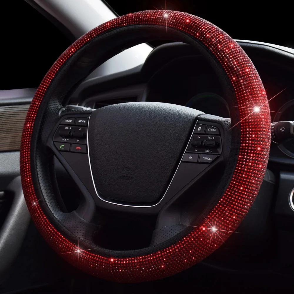 38cm Universal Car SUV Breathable Anti-Slip Bling Rhinestones Steering Wheel Cover for Women Girl with Crystal Diamond Sparkling