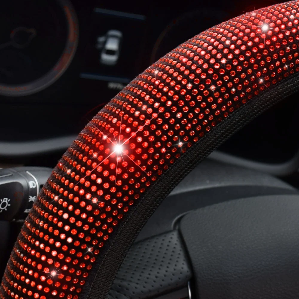 38cm Universal Car SUV Breathable Anti-Slip Bling Rhinestones Steering Wheel Cover for Women Girl with Crystal Diamond Sparkling