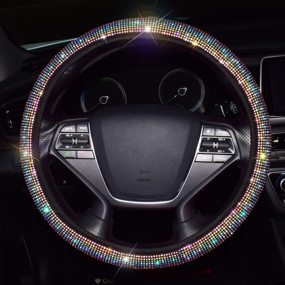 38cm Universal Car SUV Breathable Anti-Slip Bling Rhinestones Steering Wheel Cover for Women Girl with Crystal Diamond Sparkling