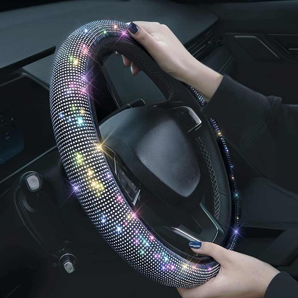 38cm Universal Car SUV Breathable Anti-Slip Bling Rhinestones Steering Wheel Cover for Women Girl with Crystal Diamond Sparkling