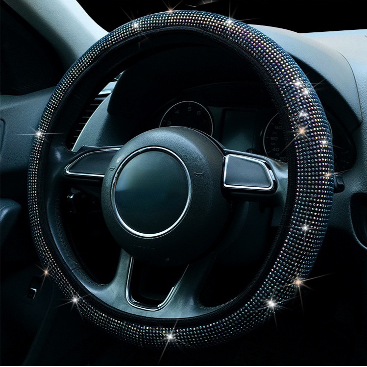 38cm Universal Car SUV Breathable Anti-Slip Bling Rhinestones Steering Wheel Cover for Women Girl with Crystal Diamond Sparkling
