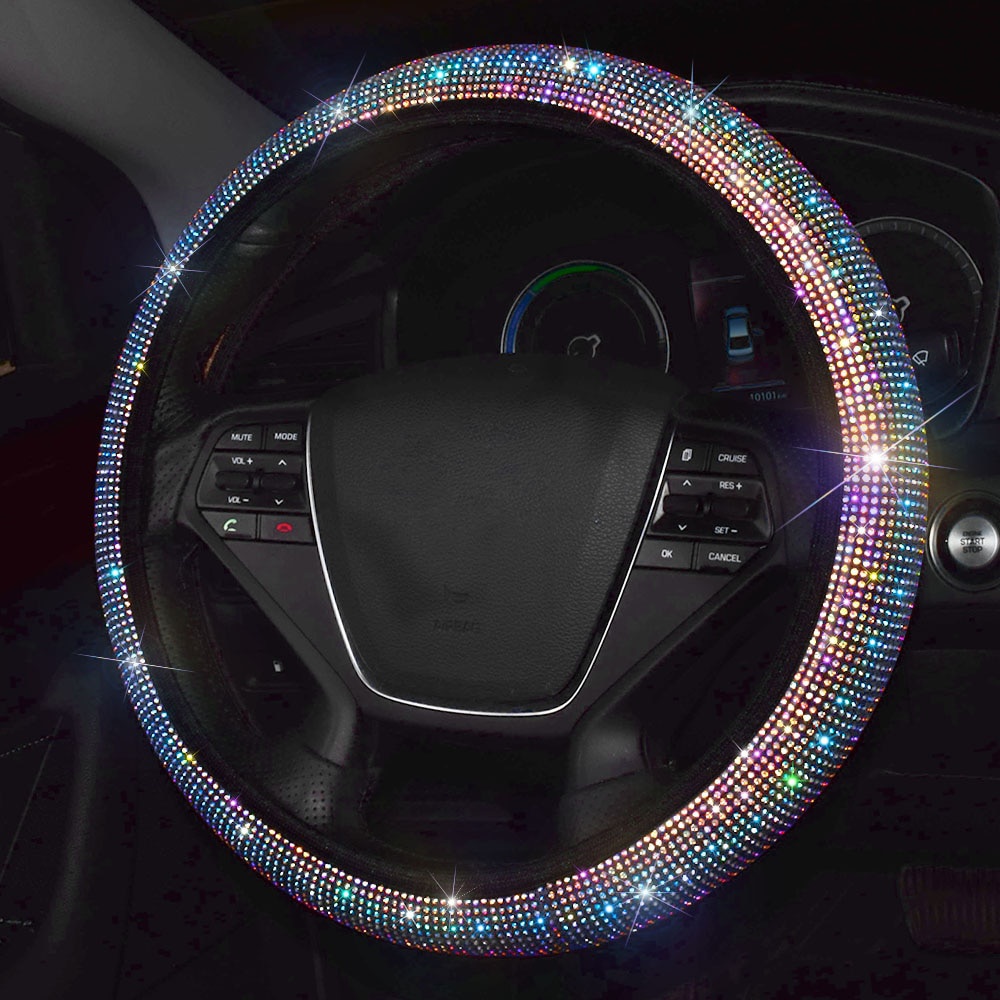 38cm Universal Car SUV Breathable Anti-Slip Bling Rhinestones Steering Wheel Cover for Women Girl with Crystal Diamond Sparkling