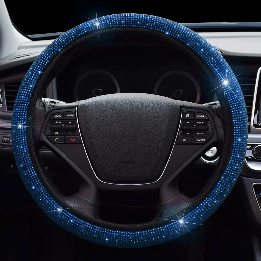 38cm Universal Car SUV Breathable Anti-Slip Bling Rhinestones Steering Wheel Cover for Women Girl with Crystal Diamond Sparkling