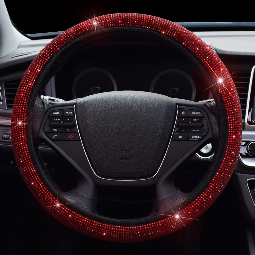 38cm Universal Car SUV Breathable Anti-Slip Bling Rhinestones Steering Wheel Cover for Women Girl with Crystal Diamond Sparkling