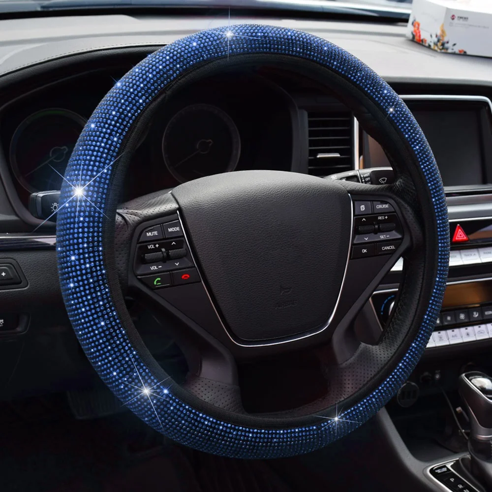38cm Universal Car SUV Breathable Anti-Slip Bling Rhinestones Steering Wheel Cover for Women Girl with Crystal Diamond Sparkling