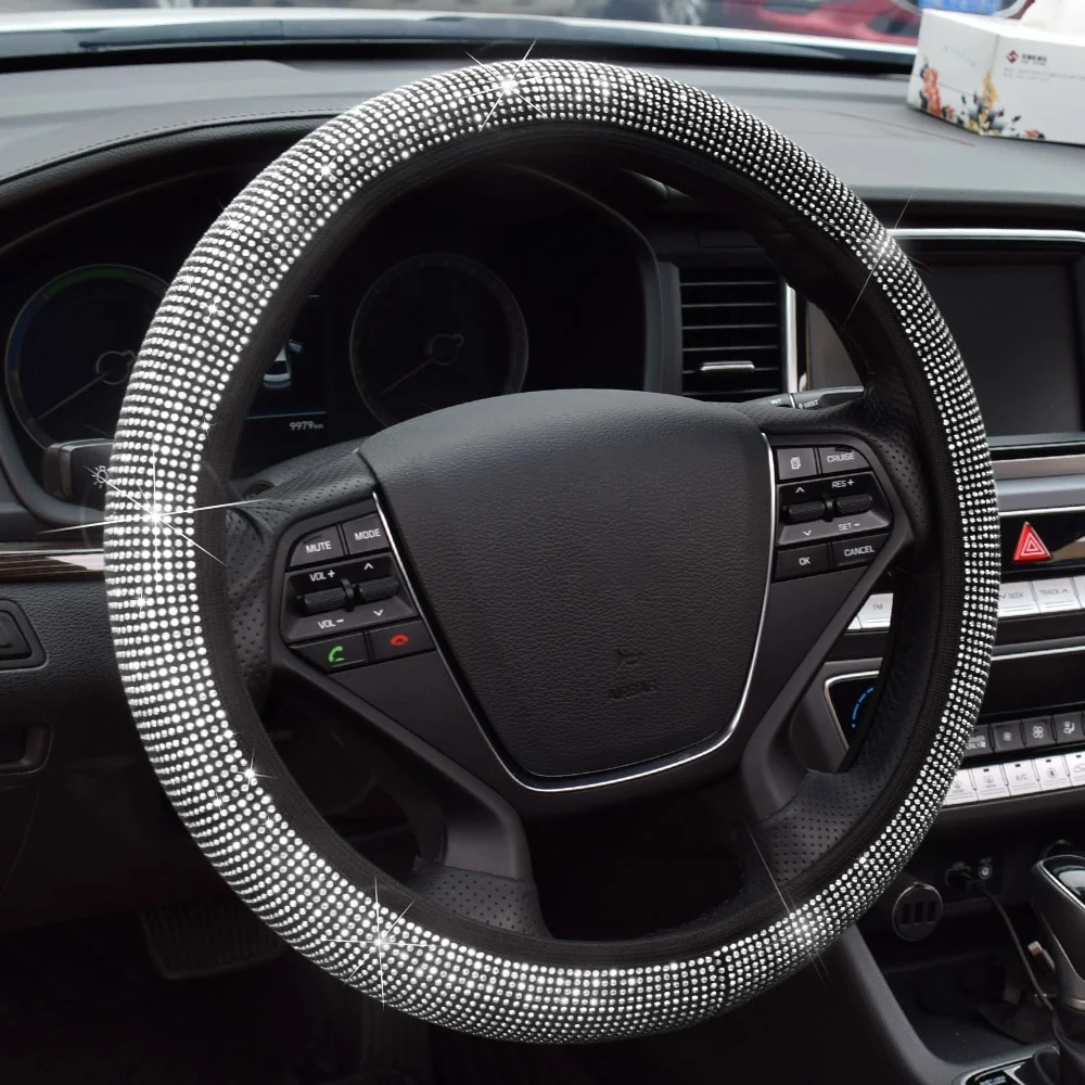 38cm Universal Car SUV Breathable Anti-Slip Bling Rhinestones Steering Wheel Cover for Women Girl with Crystal Diamond Sparkling