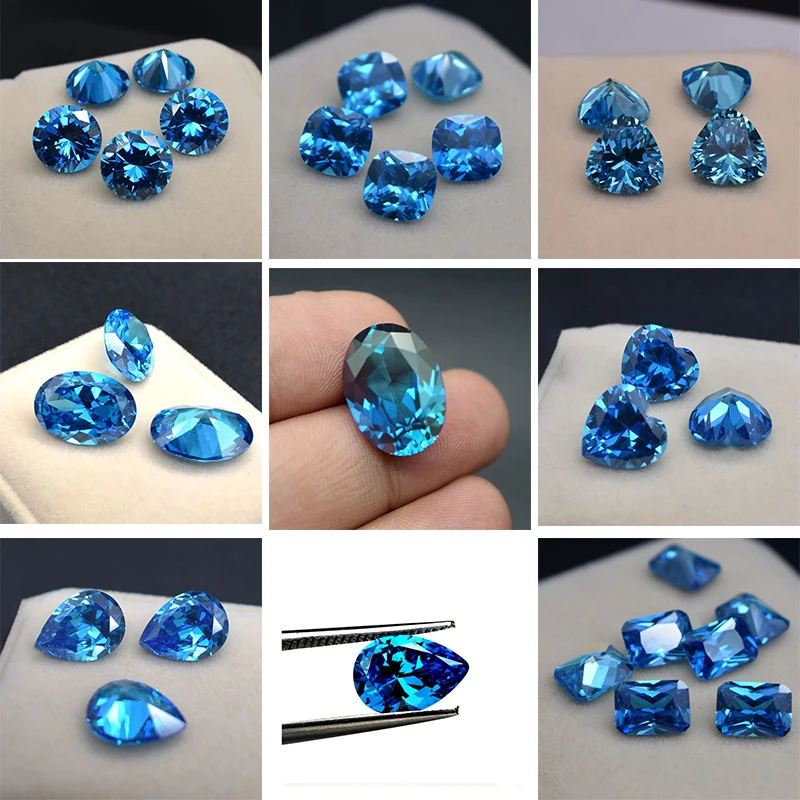 Corundum Ceylon Sea Blue Sapphire Gems Circular Shape Cushion Faceted Cut Loose Aquamarine Gemstone Set Gift Box