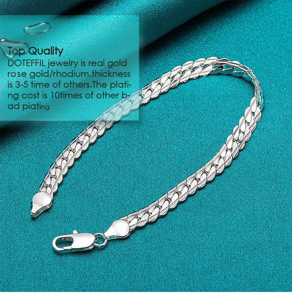 DOTEFFIL 925 Sterling Silver 6mm Side Chain 16/18/20/22/24 Inch Necklace For Women Man Fashion Wedding Engagement Jewelry Gifts