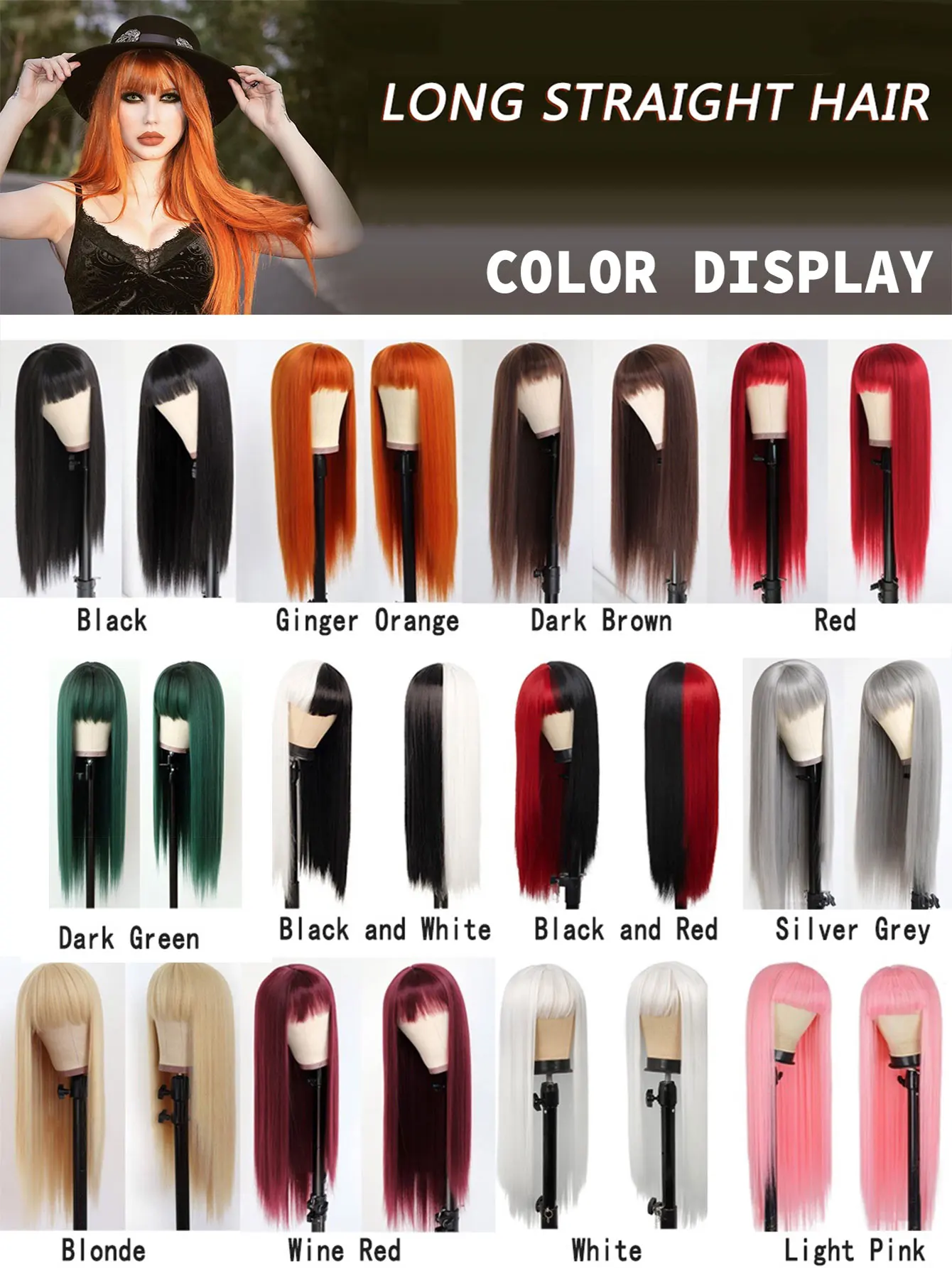 Synthetic Straight Wigs with Bangs Long Silky Heat Resistant Fiber Hair Full Machine Wig Cosplay Party Wig For Fashion Women