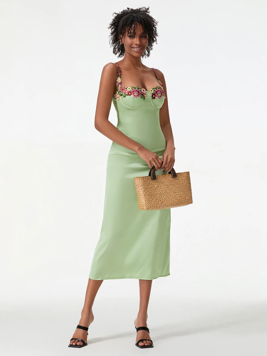 Satin Sling Bodycon Long Dress Women Flower Embroidery Sleeveless Spaghetti Strap Cocktail Dress Summer Party Club Skinny Dress