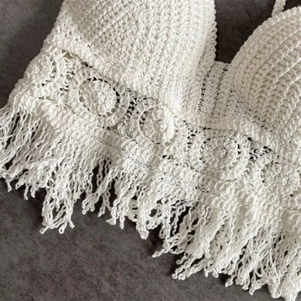 Women Summer Beach Boho Crop Tops Sexy Y2K Knitted Backless Hollow Out Tank Tops Crochet Tassels Hem Halter Bras Bustier Top