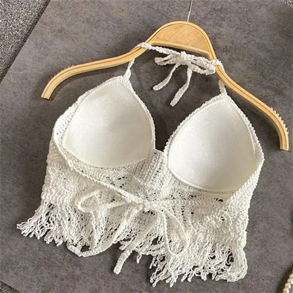 Women Summer Beach Boho Crop Tops Sexy Y2K Knitted Backless Hollow Out Tank Tops Crochet Tassels Hem Halter Bras Bustier Top
